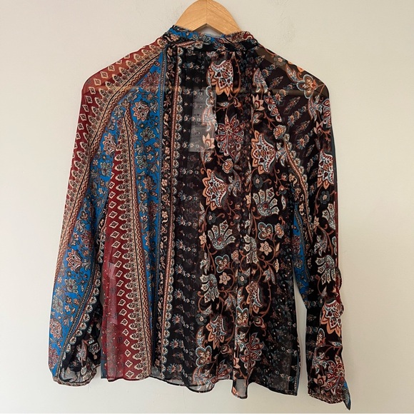 Zara Bohemian Patchwork Sheer Blouse with Ruffle Trim Floral Fall Size Small NWT - Picture 9 of 14